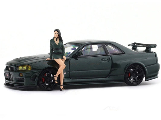 TimeMicro Nissan Skyline GTR34 Dark Green w/ Doll Version Limited Edition 999PCS ONLY 1:64 car Pre-built Model view1