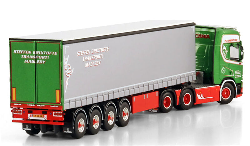 WSI  SCANIA R HIGHLINE CR20H 6X2 TAG AXLE CURTAINSIDE TRAILER - 4 AXLE Steffen Brixtofte Transport Magleby 1:50 Truck Pre-built Model