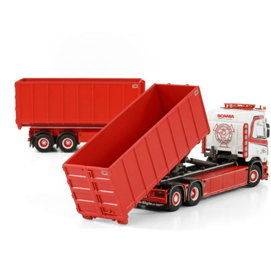 WSI SCANIA R NORMAL 6X2 TAG AXLE RIGED DRAWBAR Truck Lorry WITH HOOKLIFT SYSTEM - 3 AXLE + HOOKLIFT CONTAINER 40M3 1/50 DIECAST Truck Lorry
