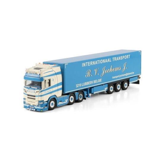 1:50 SCANIA JOCHEMS CR20H 6X2 BOX TRAILER 3 AXLE WSI  White-blue Diecast Model