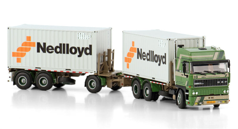 WSI DAF 3300 SPACE CAB 6X2 TAG AXLE RIGED DRAWBAR CONTAINER COMBI - 6 AXLE + 2X 20FT CONTAINER Hebra Nedlloyd 1:50 Model