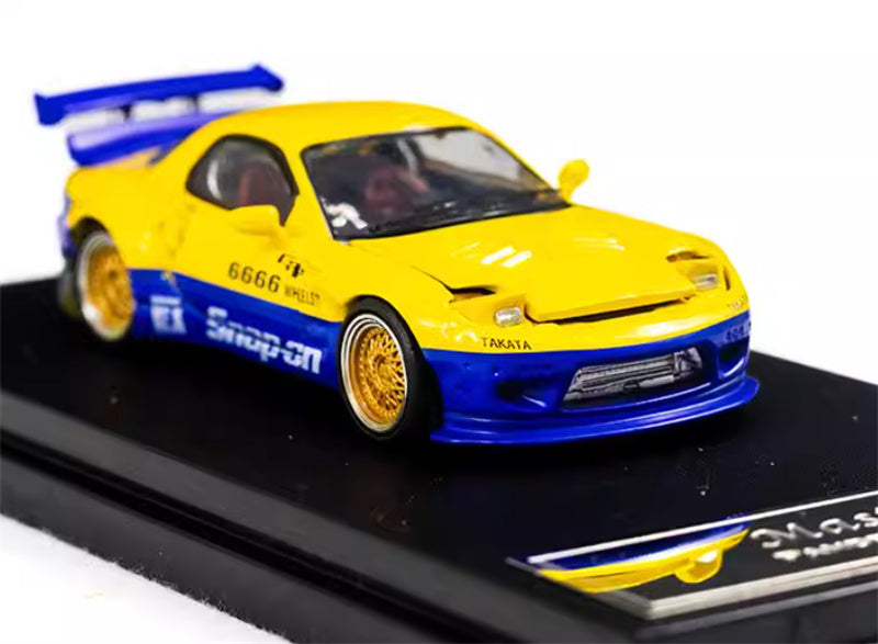 Master Mazda RX-7 FC3S Rocket Runny Pandem Blue yellow double spelling Limited Edition 1:64 Car Pre-built Airliner Model Display view7