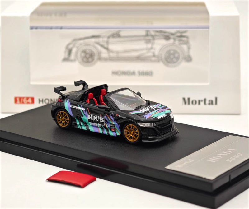 Mortal Honda S660 Mugen Convertible Wide body modified version Small tail HKS coating - with top cover 1:64 Car Pre-built Model view7