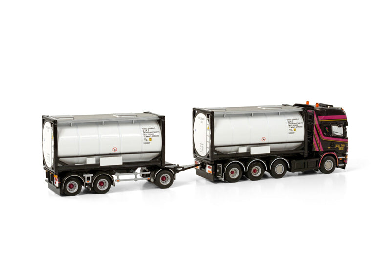 WSI SCANIA R4 TOPLINE 8X2 TAG AXLE RIGED DRAWBAR CONTAINER COMBI - 7 AXLE + 2X 20FT TANKCONTAINER Joke Vlot Transport 1:50 Truck Pre-built Model