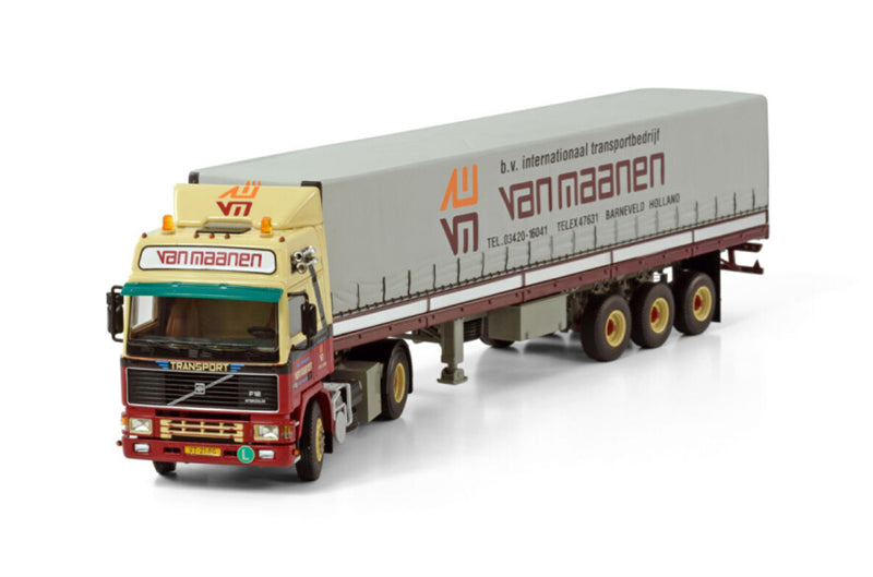 WSI VOLVO F12 GLOBETROTTER 4X2 CLASSIC CURTAINSIDE TRAILER - 3 AXLE Van Maanen 1:50 Truck Pre-built Model