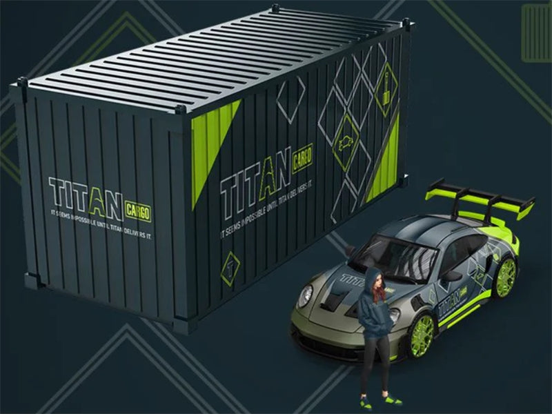 TimeMicro Porsche 992 GT3 RS TITAN Cargo Livery Green Silver Container Set w/ Doll Limited Edition 999PCS ONLY 1:64 car Pre-built Model view3