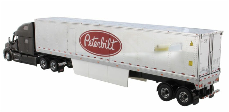 CATERPILLAR Peterbilt 579 UltraLoft Tractor with 53' refrigerated van – Legendary Black cab + 53' Chrome refrigerated van with Peterbilt logo 1:50 Truck Pre-built Model