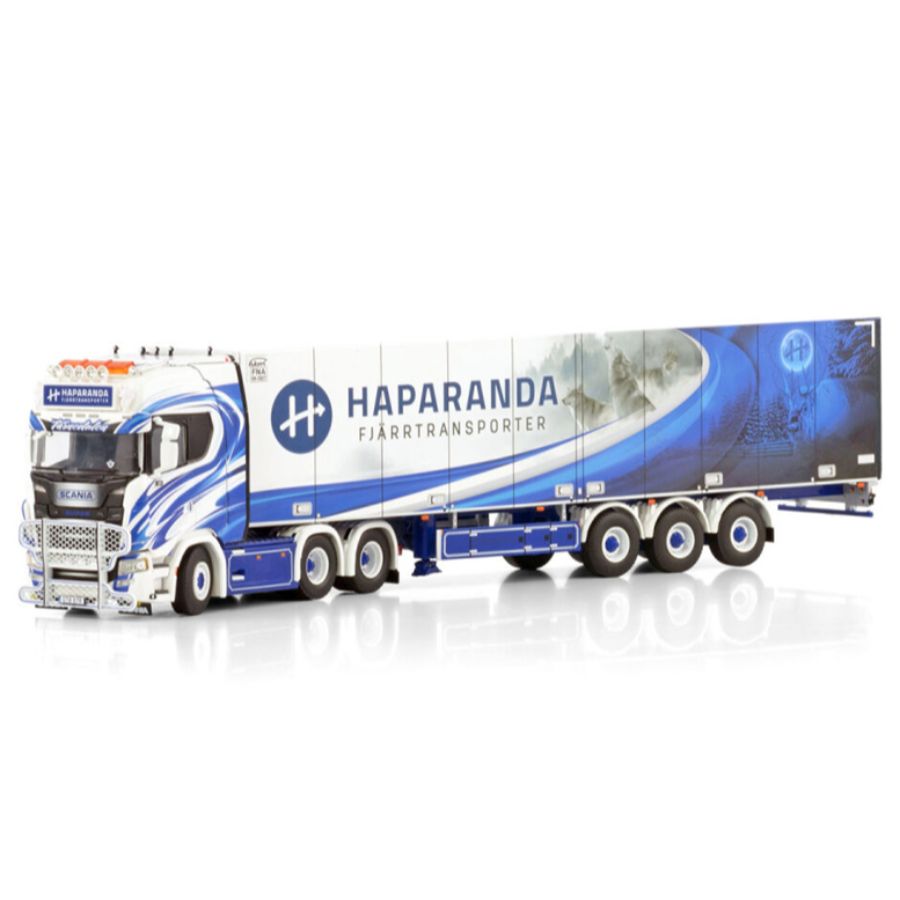 WSI  SCANIA S HIGHLINE CS20H 6X2 TAG AXLE REEFER TRAILER - 3 AXLE Haparanda Fjarrtransport 1:50 DIECAST Truck Lorry