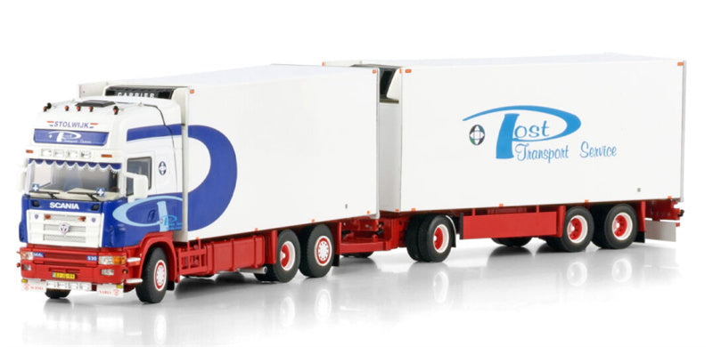 WSI SCANIA R4 TOPLINE RIGED REEFER TRUCK 6X2 TAG AXLE RIGED REEFER DRAWBAR TURNTABLE TRAILER - 3 AXLE Marcel Post Transport Service 1:50 Model