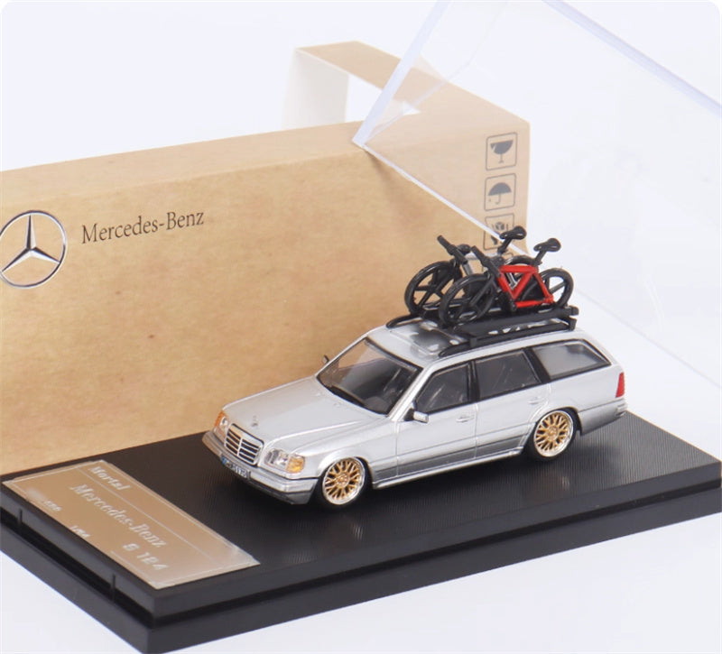 Mortal Mercedes Benz E-Class E300 station wagon S124 with 2 bicycles and luggage rack Silver - Golden Wheel low slung version Limited Edition 599PCS ONLY 1:64 Car Pre-built Model view4