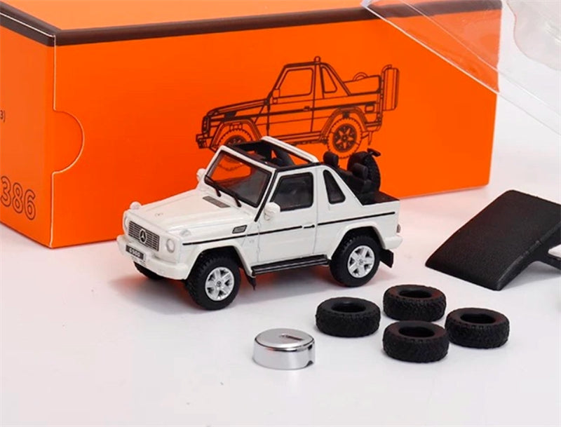 GCD Mercedes benz G500 two-door short-wheelbase convertible off-road with roof with 4 tires white LHD 1:64 Car Pre-built Model view7