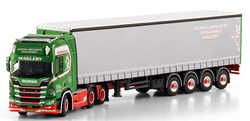WSI  SCANIA R HIGHLINE CR20H 6X2 TAG AXLE CURTAINSIDE TRAILER - 4 AXLE Steffen Brixtofte Transport Magleby 1:50 Truck Pre-built Model
