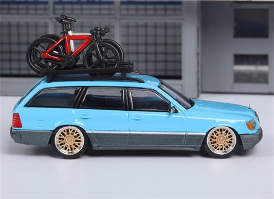 Mortal Mercedes Benz E-Class E300 station wagon S124 with 2 bicycles and luggage rack lake blue - Gold Wheel low slung version Limited Edition 299PCS ONLY 1:64 Car Pre-built Model view2
