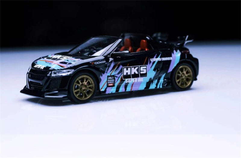 Mortal Honda S660 Mugen Convertible Wide body modified version Small tail HKS coating - with top cover 1:64 Car Pre-built Model view1