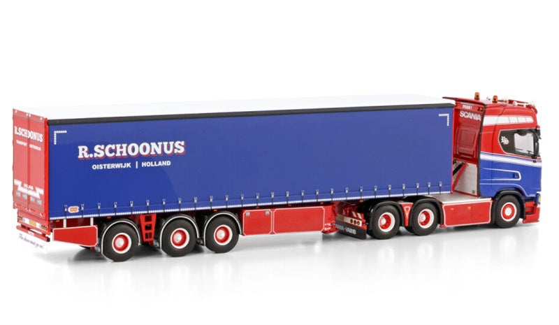 WSI  SCANIA S HIGHLINE CS20H 6X2 TAG AXLE CURTAINSIDE TRAILER - 3 AXLE R. Schoonus 1:50 Truck Pre-built Model
