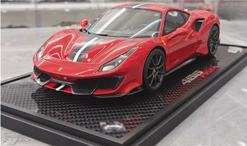 BBR MODELS Ferrari 488 pista Rosso Corsa 322 met Standard Red Black and white stripe Black wheel red calipers Limited Edition 25PCS ONLY Carbon fiber base 1:18 Car Pre-built Model view1
