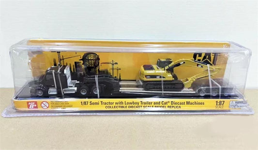 1:87 Cat  Excavator w/ Black Lowboy Trailer Caterpillar Set Diecast Model