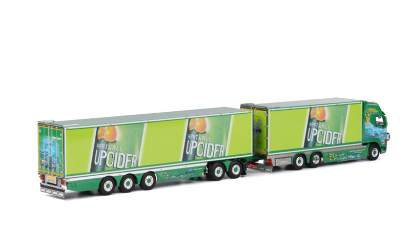 WSI  VOLVO FH2 GLOBETROTTER XL 6X2 TAG AXLE BOX TRAILER (3 as star) + 2as dolly Ristimaa Cider Shark 1:50 DIECAST Truck