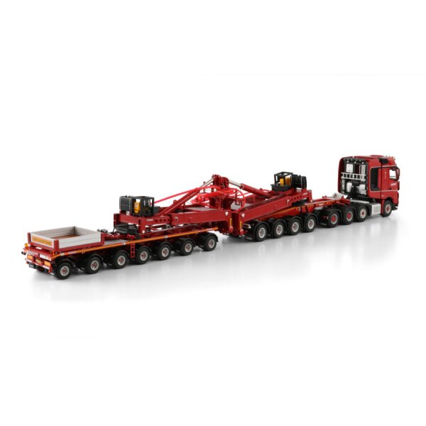 1:50 MERCEDES BENZ NOOTEBOOM RED LINE AROCS MP4 8X4 WIND MILL TRAILER W/ 4 AXLE DOLLY 7 AXLE WSI Red Diecast Model
