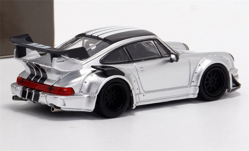 Star Model Porsche RWB 964 GT Tail Wing Edition Limited Edition Silver Black Line w/ Figure 1:64 Car Pre-built Model view5