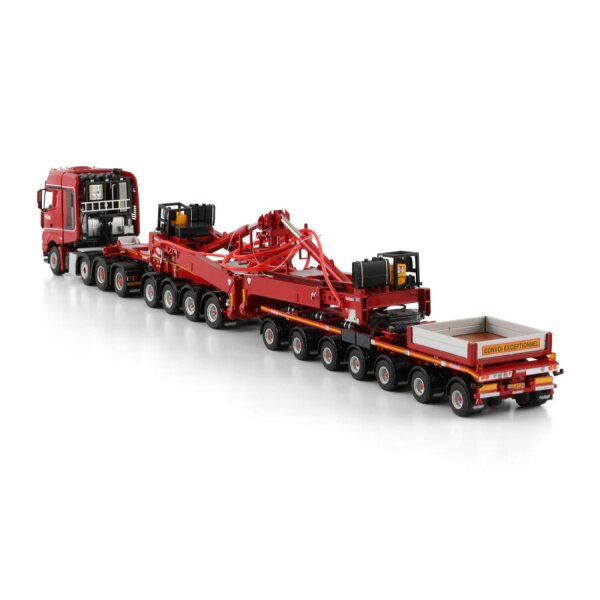 1:50 MERCEDES BENZ NOOTEBOOM RED LINE AROCS MP4 8X4 WIND MILL TRAILER W/ 4 AXLE DOLLY 7 AXLE WSI Red Diecast Model