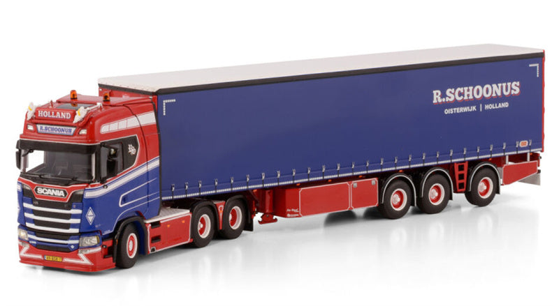 WSI  SCANIA S HIGHLINE CS20H 6X2 TAG AXLE CURTAINSIDE TRAILER - 3 AXLE R. Schoonus 1:50 Truck Pre-built Model