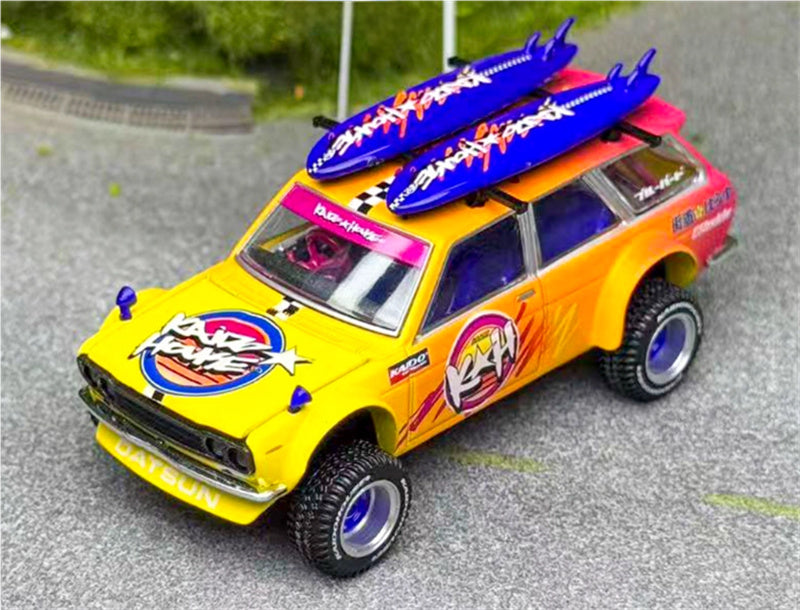 KaidoHouse x MiniGT Datsun Kaido 510 Wagon 4x4 Kaido ISLANDS V1 orange-yellow color box packaging 1:64 Car Pre-built Model view4