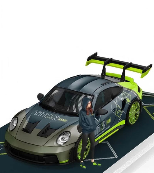 TimeMicro Porsche 992 GT3 RS TITAN Cargo Livery Green Silver w/ Doll Version Limited Edition 999PCS ONLY 1:64 car Pre-built Model view1