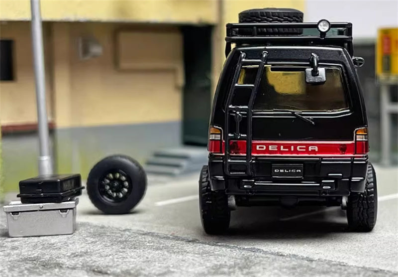 Autobots Models Mitsubishi Delica 3rd Generation Wagon 4X4 Off Road Modified Edition Black left-hand drive with accessories 1:64 Car Pre-built Model view7