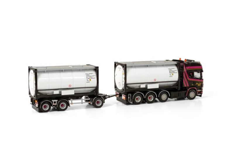 WSI SCANIA R4 TOPLINE 8X2 TAG AXLE RIGED DRAWBAR CONTAINER  COMBI - 7 AXLE + 2X 20FT TANKCONTAINER JOKE VLOT TRANSPORT 1:50  Truck Pre-built Model