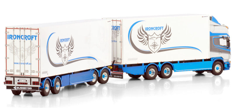 WSI  SCANIA 4 SERIES TOPLINE 6X2 TAG AXLE RIGED BOX TRUCK DRAWBAR TRAILER - 4 AXLE Ironcroft 1:50 Truck Pre-built Model