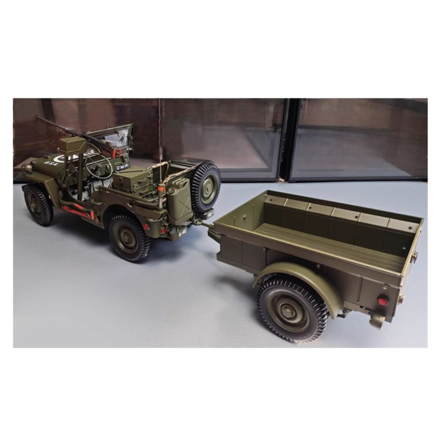 PREMIUM X 1943 Jeep Wells MB Trailer M3 Anti Tank Set Olive green 1:8 DIECAST Tank