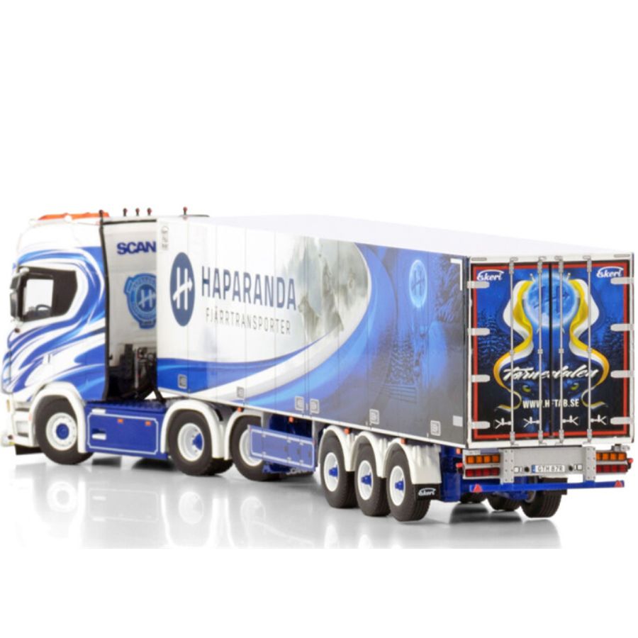 WSI  SCANIA S HIGHLINE CS20H 6X2 TAG AXLE REEFER TRAILER - 3 AXLE Haparanda Fjarrtransport 1:50 DIECAST Truck Lorry