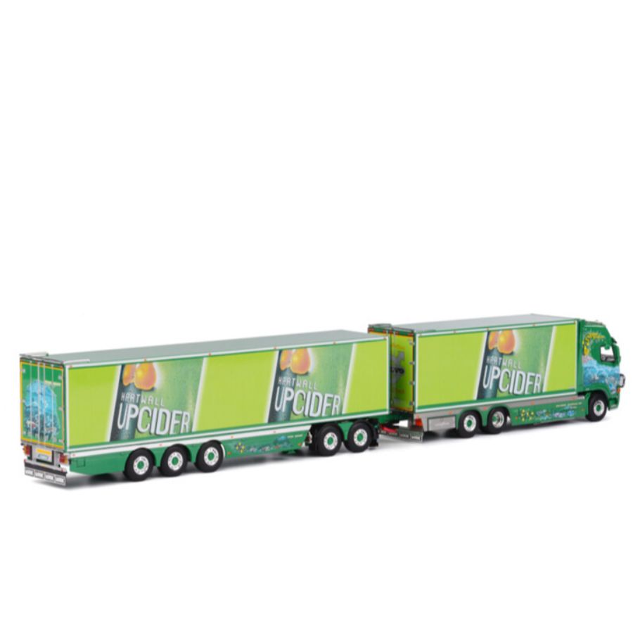 WSI  VOLVO FH2 GLOBETROTTER XL 6X2 TAG AXLE BOX TRAILER (3 as star) + 2as dolly Ristimaa Cider Shark 1:50 DIECAST Truck