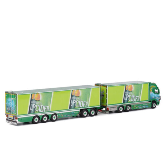 WSI  VOLVO FH2 GLOBETROTTER XL 6X2 TAG AXLE BOX TRAILER (3 as star) + 2as dolly Ristimaa Cider Shark 1:50 DIECAST Truck