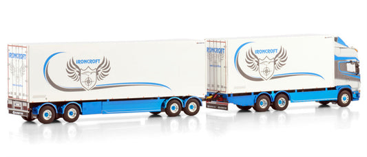 WSI  SCANIA 4 SERIES TOPLINE 6X2 TAG AXLE RIGED BOX TRUCK DRAWBAR TRAILER - 4 AXLE Ironcroft 1:50 Truck Pre-built Model