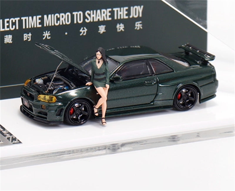TimeMicro Nissan Skyline GTR34 Dark Green w/ Doll Version Limited Edition 999PCS ONLY 1:64 car Pre-built Model view3
