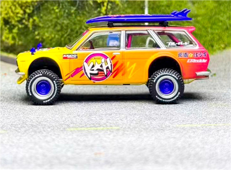 KaidoHouse x MiniGT Datsun Kaido 510 Wagon 4x4 Kaido ISLANDS V1 orange-yellow color box packaging 1:64 Car Pre-built Model view3