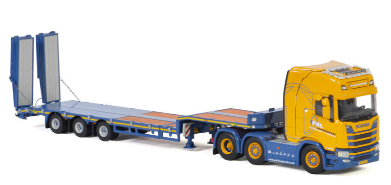 WSI  SCANIA R HIGHLINE CR20H 6X2 TWINSTEER SEMI LOW LOADER RAMPS - 3 AXLE Pol Hoogwerkers 1:50 Truck Pre-built Model