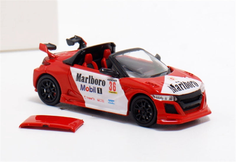 Mortal Honda S660 Mugen Convertible Wide body modified version Small tail wing Marlboro coating - with top cover 1:64 Car Pre-built Model view4
