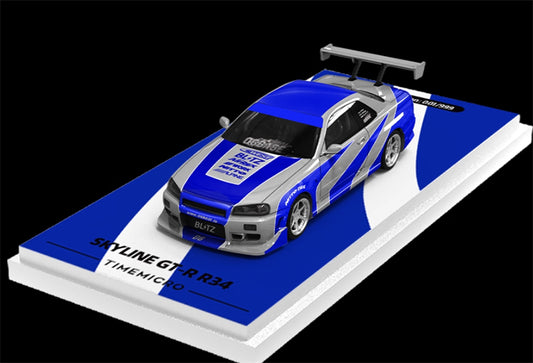 TIMEMICRO Nissan Skyline GT-R R34 Blue Silver NFS Edition Limited Edition 999PCS ONLY 1:64 Car Pre-built Model view1