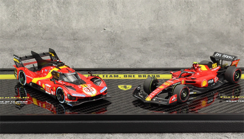 1:43 BBR MODELS Ferrari 499P # 51 Le Mans Champion & SF23 # 55 Monza GP 2023 LTD view1