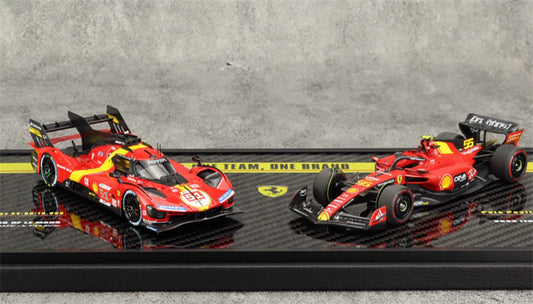 1:43 BBR MODELS Ferrari 499P # 51 Le Mans Champion & SF23 # 55 Monza GP 2023 LTD view1