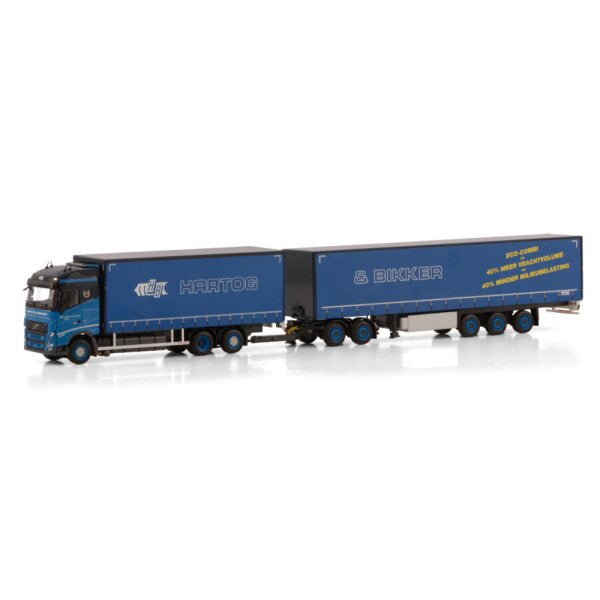 1:50 VOLVO Hartog & Bikker FH5 6X2 CURTAINSIDE TRAILER 3 AXLE + DOLLY LOW WSI Blue Diecast Model