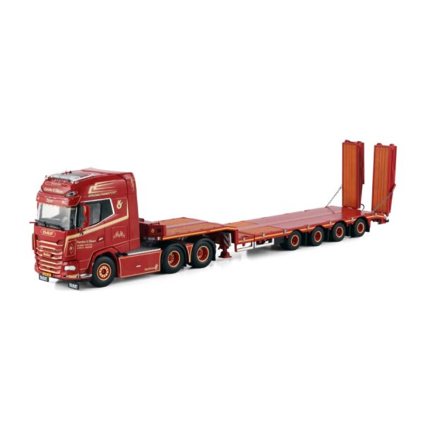 1:50 DAF KARSTEN V. OLESEN XG + 6X2 SEMI LOW LOADER W/ RAMPS 4 AXLE WSI Red Diecast Model
