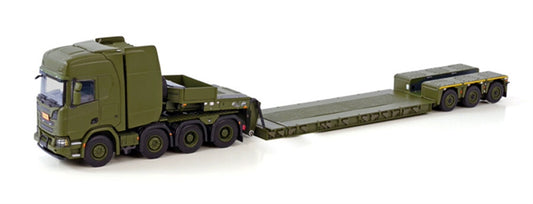 WSI SCANIA R HIGHLINE CR20H 8X4 LOW LOADER PENDEL X - 3 AXLE SVARET DANISH ARMY 1:50 Truck Pre-built Model