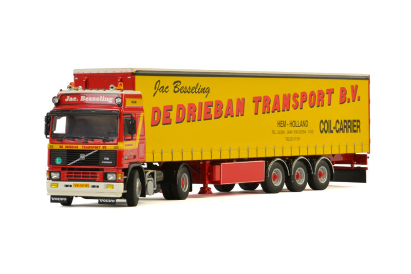 WSI VOLVO F12 CLASSIC CURTAINSIDE TRAILER 3 AXLE DE DRIEBAN TRANSPORT 1:50 Truck Pre-built Model