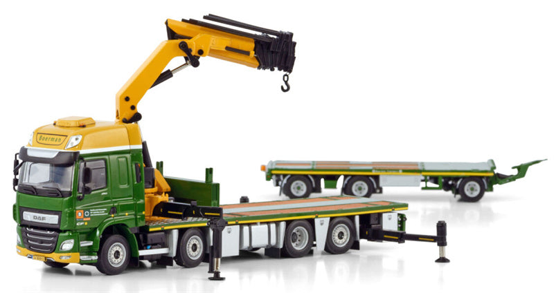 WSI  DAF CF SPACE CAB MY2017 RIGED FLAT BED TRUCK WITH PALFINGER PK 65002 SH + JIB 8X2 TAG AXLE FLAT BED TRAILER - 3 AXLE Boerman 1:50 DIECAST Truck