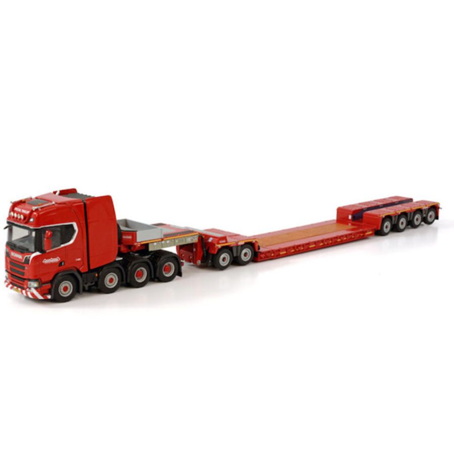 WSI SCANIA R HIGHLINE CR20H 8X4 LOWLOADER - 4 AXLE + DOLLY - 2 AXLE NOOTEBOOM RED LINE 1/50 DIECAST Truck