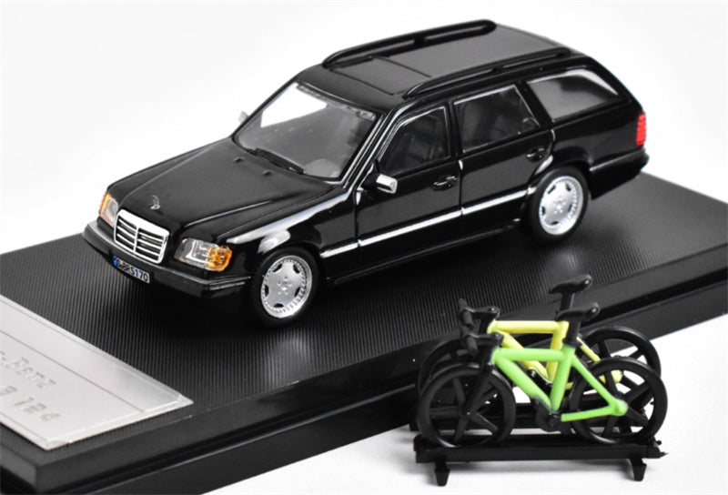 Mortal Mercedes Benz E-Class E300 station wagon S124 with 2 bicycles and luggage rack Black - Silver Wheel Regular Edition Limited Edition 599PCS ONLY 1:64 Car Pre-built Model view1